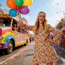 Disfraz de hippie: atuendo de carnaval, incluye cintas y vestido, adecuado para fiestas, carnavales, cosplay y otras celebraciones. - S - Ver 1