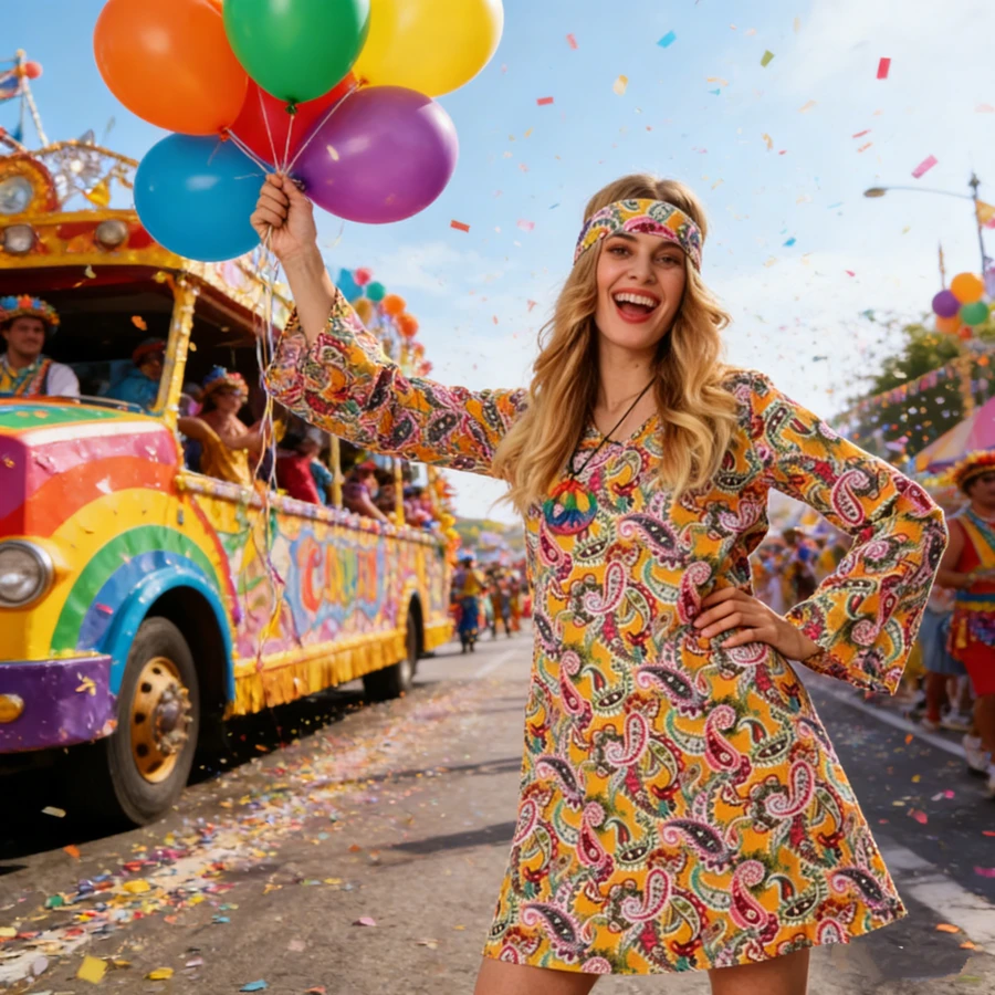 Disfraz de hippie: atuendo de carnaval, incluye cintas y vestido, adecuado para fiestas, carnavales, cosplay y otras celebraciones. - S - Ver 1