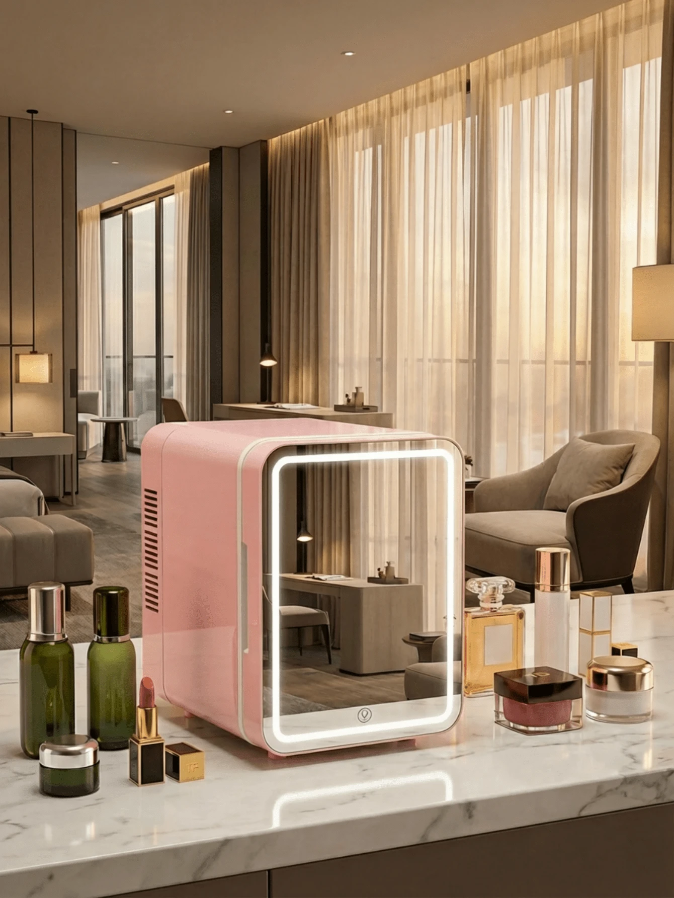 4L Compact Luxury Mini Fridge With Dual Heating & Cooling Function, Adjustable LED Mirror, Convenient For Skincare, Dimmable Lighting, Adjustable Shelves And Temperature Control, Suitable For Bedroom, Car, Office, Dorm, Small Cabin - UK Plug(220-240V) - View 1