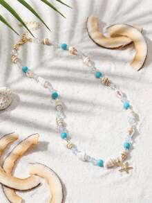 1pc Bohemian Starfish & Seashell Beaded Necklace - Blue - View 5