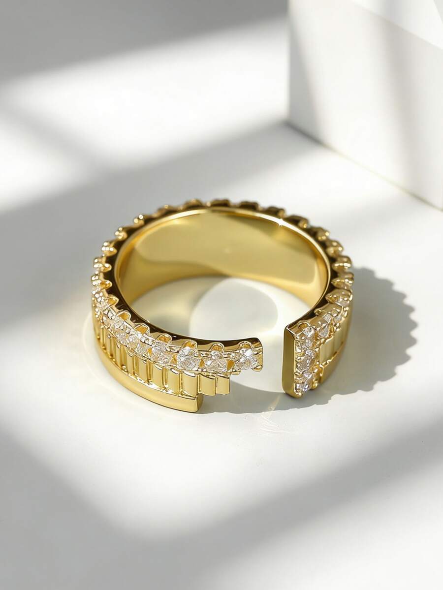 Charm-In Gold Plated Full Zirconia Adjustable Open Ring For Women Vintage Luxe Style For Party & Daily Wear Perfect Gift For Her - Gold - View 1