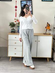 Nike Sportswear Solid Color Brand Logo Mid-Rise Loose Wide Leg Drawstring Casual Pants, Grey - Grey - View 8