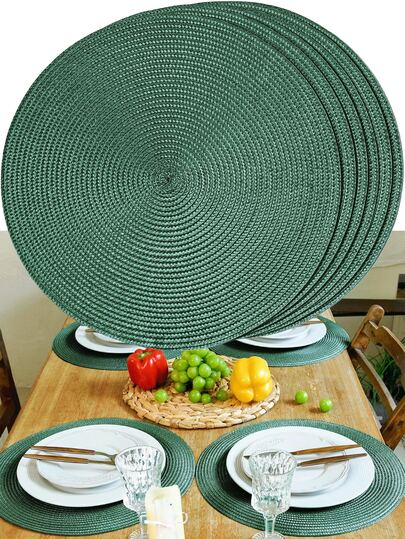 4/6pcs Dark Green PP Handwoven Placemats, Round Woven Placemats, Heat Insulation Pads, Decorative Mats, Multi-Color Options, Dining Table Mats, Wrinkle-Resistant Placemats, Suitable For Birthday, Christmas, Housewarming, Celebration Banquet, Holiday Party, Family Gathering