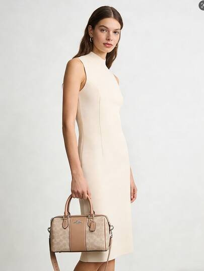  COACH Rowan Zip Closure Removable Shoulder Strap Coated Canvas Shoulder Crossbody Tote Bag For Women Versatile Silver Sand Brown Perfect For Holiday Commuting Everyday Use Fashionable And Stylish