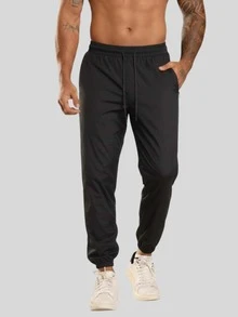 Men's Tactel Jogger Pants With Elastane, Gym Training, Elastic Waistband, Drawstring, And Functional Pocket - Black - View 2