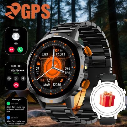 新款智能户外手表，1.5英寸圆形高清屏幕，多种运动模式，无线通话，消息通知，计步器，闹钟，遥控拍照，天气预报，手电筒，音乐控制