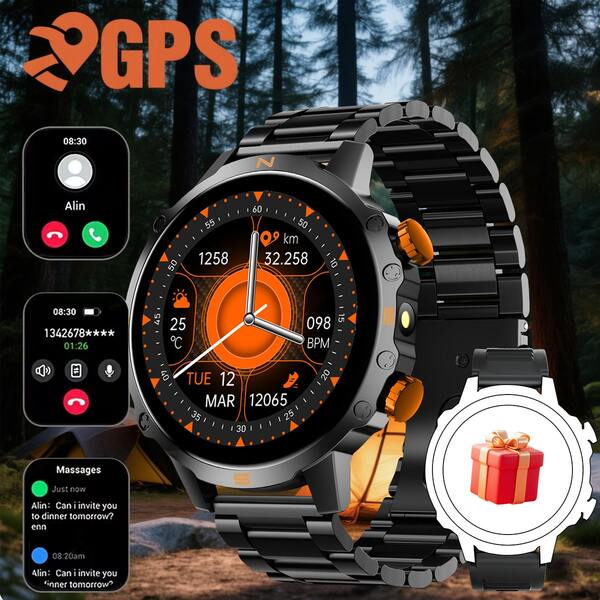 新款智能户外手表，1.5英寸圆形高清屏幕，多种运动模式，无线通话，消息通知，计步器，闹钟，遥控拍照，天气预报，手电筒，音乐控制