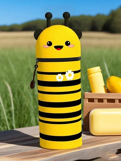 1pc Silicone Bee Pattern 2-In-1 Pencil Case, Animal Design Pencil Box, Made Of Soft Silicone Material, Can Be Used To Store School Supplies, Pens, Rulers, Ideal Choice For Back To School Season, Holidays, School Supplies And Daily Necessities