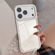 Mirror Frame Rhinestone Phone Case Compatible With IPhone 17 Pro Max/17 Pro/17/16 Pro Max/16 Pro/16/15 Pro Max/15 Pro/15/15 Plus/14 Pro Max/14 Pro/14/14 Plus/13 Pro Max/13 Pro/13/12 Pro Max/12 Pro/12 - Luxurious Premium Texture - Silver - View 10