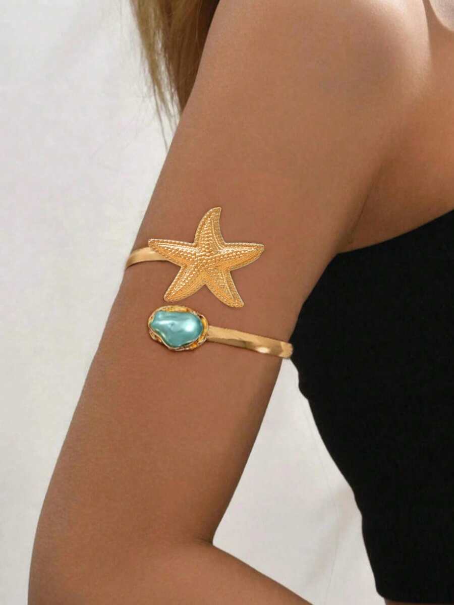 1pc Women's Fashion New Starfish Bracelet, Open Baroque Pearl Style Bracelet, Suitable For Beach, Party, Wedding, Vacation, Music Festival And Other Occasions, Can Be Used As A Gift - Gold - View 1