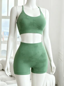 女士休闲简约无缝内衣瑜伽套装 - 綠色 - 查看 6