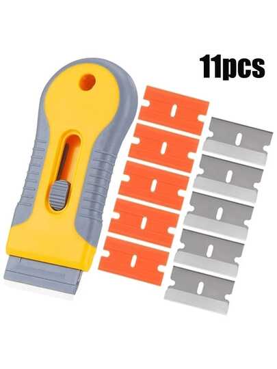 1 Set Of Glass Scraper With 5 Steel Blades And 5 Plastic Blades, Suitable For Removing Stickers, Grease, Paint And Adhesives, Ideal For Cleaning Oven Glass Surfaces