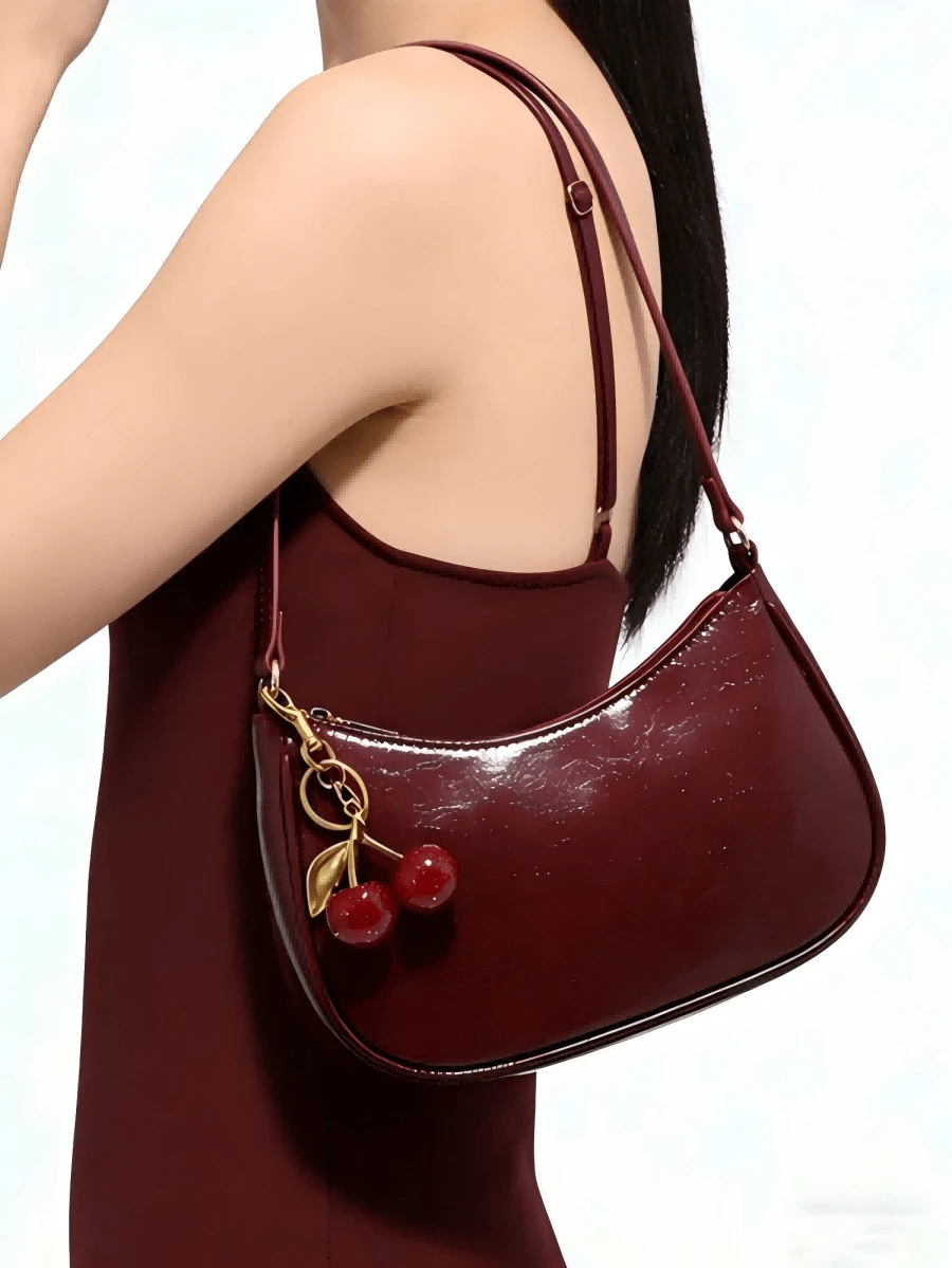 1pc Glossy Lacquered Cherry Ornament, Novelty Hanging Decor, Burgundy Minimalist Women's Shoulder Bag, Zipper Closure, Vintage Style, Underarm Bag, Suitable For Multiple Occasions , Red Bag , Burgundy Bag - Màu Đỏ Sâu - Xem 1
