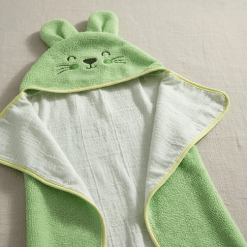 Baby Terry Towel Lined With Double-Layer Diaper Fabric And Animal-Themed Hood - Mèo con xanh - Xem 1