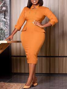 女士中长连衣裙，七分袖，翻领，穿着舒适便捷，腰部对称荷叶边下摆，双排扣设计，修身铅笔裙廓形，优雅百搭，适合日常、工作、办公室、约会、婚礼、春秋季等场合。 - 珊瑚橙 - 查看 4