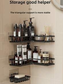 2/3pcs Bathroom Storage Racks Set,Wall Mount Adhesive Stainless Steel Shower Organizer Shower Rack,Corner Shower Caddy Suitable For Shower Gel,Shampoo And Soap For Bathroom, Kitchen And Living Room Corner Storage, Great For Parties, Christmas, Halloween, Mother's Day Gifts - 黑色 - 查看 1