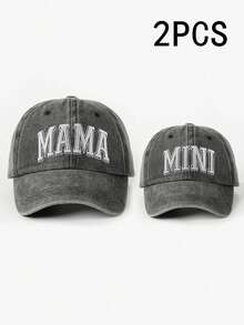 2顶绣有“MAMA + MINI”字样的亲子款水洗棒球帽，可调节户外遮阳帽，男女童均适用，适合春季、秋季、旅行、海滩等场合。 - 刺繡 - 查看 18