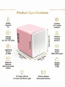SOKANY 4L迷你便攜式雙用保養冰箱，附可調節LED化妝鏡，冷熱功能，適合存放化妝品、零食與飲料，適用於臥室、辦公室及車用 - 英規插(220-240V) - 查看 5
