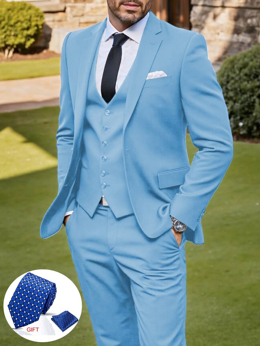 Men's Suit 4 Piece Set Light Blue With Tie Slim Fit One Button Business Suits With Adjustable Single Breasted Vest & Flat Front Pants For Wedding, Prom, Job Interview Attire (Blazer+Vest+Pants) (XS-3XL) - Màu xanh nhạt với cà vạt - Xem 1
