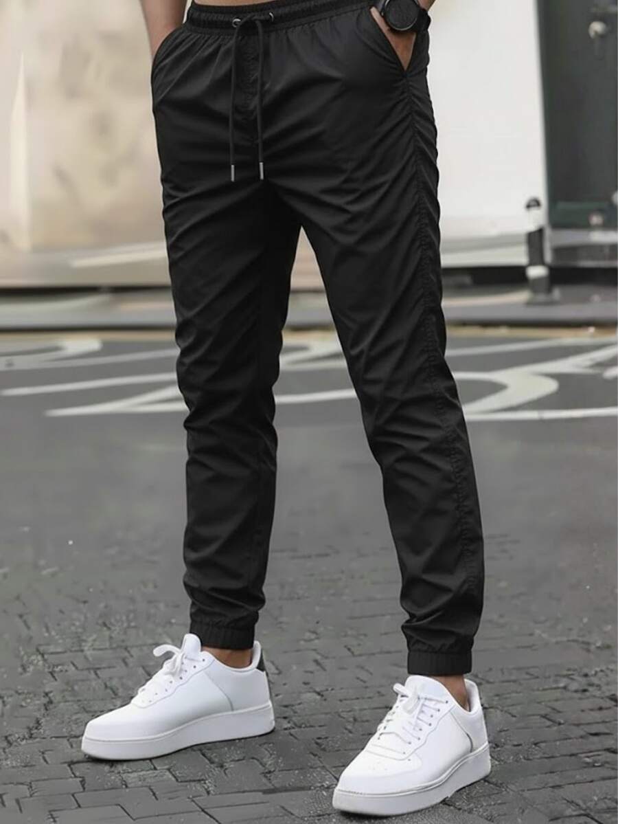 Men's Tactel Jogger Pants With Elastane, Gym Training, Elastic Waistband, Drawstring, And Functional Pocket - màu đen - Xem 1
