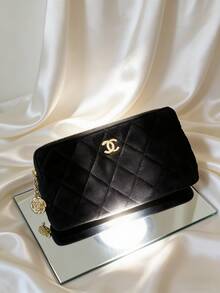 CHANEL Velvet Material, Camellia Flower Pattern, Fashionable Charm Coin Purse, Cosmetic Bag - Black - View 6
