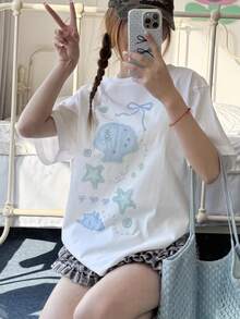 韩版甜美贝壳印花短袖T恤，女式宽松休闲浅蓝色夏季上衣 白色 - 白色 - 查看 5