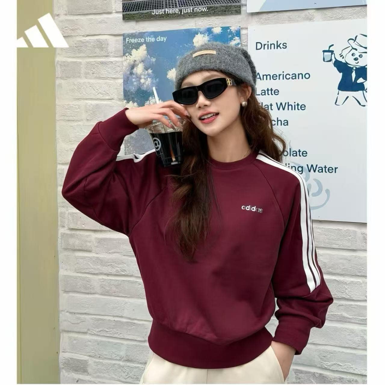 Adidas Women's Autumn/Winter New Casual Sweatshirt, Versatile Crew Neck Loose Fit Sweatshirt - Burgundy - View 1