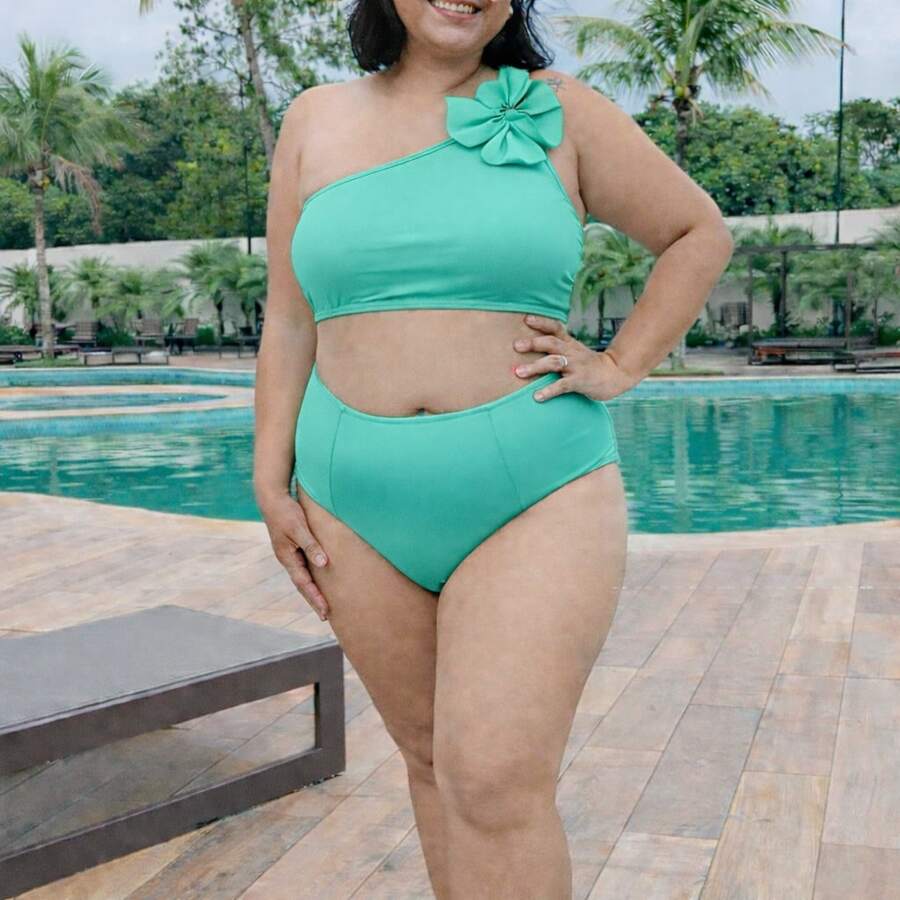 Biquini manga nula  elegante    Rosa 3d  Apliques  Assimétrico    Férias  Praia  viagem - Azul menta - Visão 1