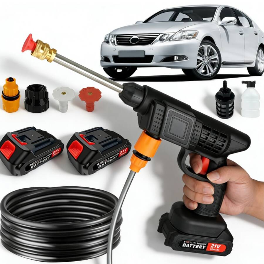 Wireless High-Pressure Car Wash Machine - Rechargeable Portable Electric Cleaning Tool With Foam Spray Gun. Wireless Design For Easy Cleaning Of Car Interiors And Exteriors. Includes 2 Batteries And Toolbox. - Bộ vest đen - Xem 1