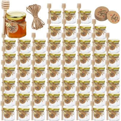 12/24/36/48/56 Stück Mini Honigtöpfe mit Löffel, sechseckige Glas Honiggläser mit goldenen Deckeln, Küchen Glas Versiegelte Gläser, 1,5oz Multipack, inklusive Bienen Charm, Juteseil, Kartentags, ideal für Baby-Duschen, Hochzeiten, Partybevorzugungen