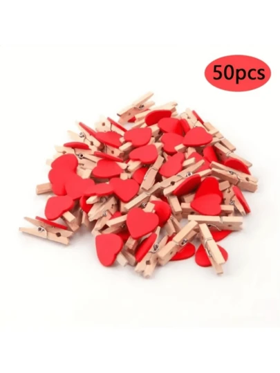 50个红色心形木质夹子 - 迷你明信片夹，适用于家庭、婚礼、派对、办公室、学校等场合，多用途照片夹装饰 - 回形针，适用于情人节装饰、DIY工艺品和横幅制作，衣夹