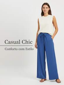 Women's Wide-Leg Pants In Premium Duna Fabric, High Waist, Elastic Waistband, Elegant, Wrinkle-Free, Casual/Office Style - 寶藍色 - 查看 7