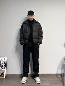 Nike Solid Color Logo Print Thermal-Lined Straight-Leg Knit Sweatpants, Men's, Black - 黑色 - 查看 5