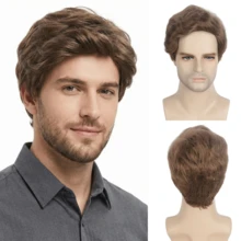 REEWES品牌男士短款棕色卷发假发，合成材质，适合日常佩戴、派对角色扮演，以及日常戏剧表演。 - 彩色 - 查看 16