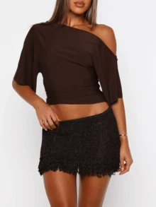 Women's Y2K Crochet Knit Mini Skirt Low Waist Frayed Hem Fringe Bodycon Summer Going Out Cover Up Short Skirt - Màu nâu Sô-cô-la - Xem 4