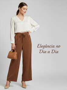 Women's Wide-Leg Pants In Premium Duna Fabric, High Waist, Elastic Waistband, Elegant, Wrinkle-Free, Casual/Office Style - 寶藍色 - 查看 6