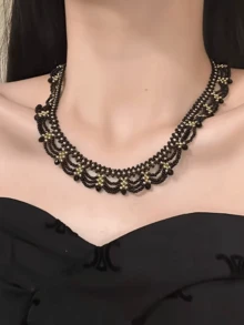 1件手工多层串珠项链，颈链，优雅时尚配饰，融合复古与波西米亚风格，女士珠宝礼物，适合派对及各种正式或半正式社交场合。 - 黑色 - 查看 2