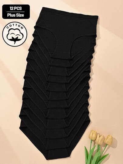 Teowryxou 12pcs/Pack Plus Size Women High Waist Cotton Ribbed Black Panties, Comfortable Breathable Elastic Underwear For Daily Wear