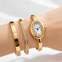 3pcs Women's Watch Set, Includes Titanium Steel Strap, Gold Quartz Watch, Elegant Oval Case And Dial - Luxury Minimalist Everyday And Formal Occasion Wristwatch - Gold - View 2