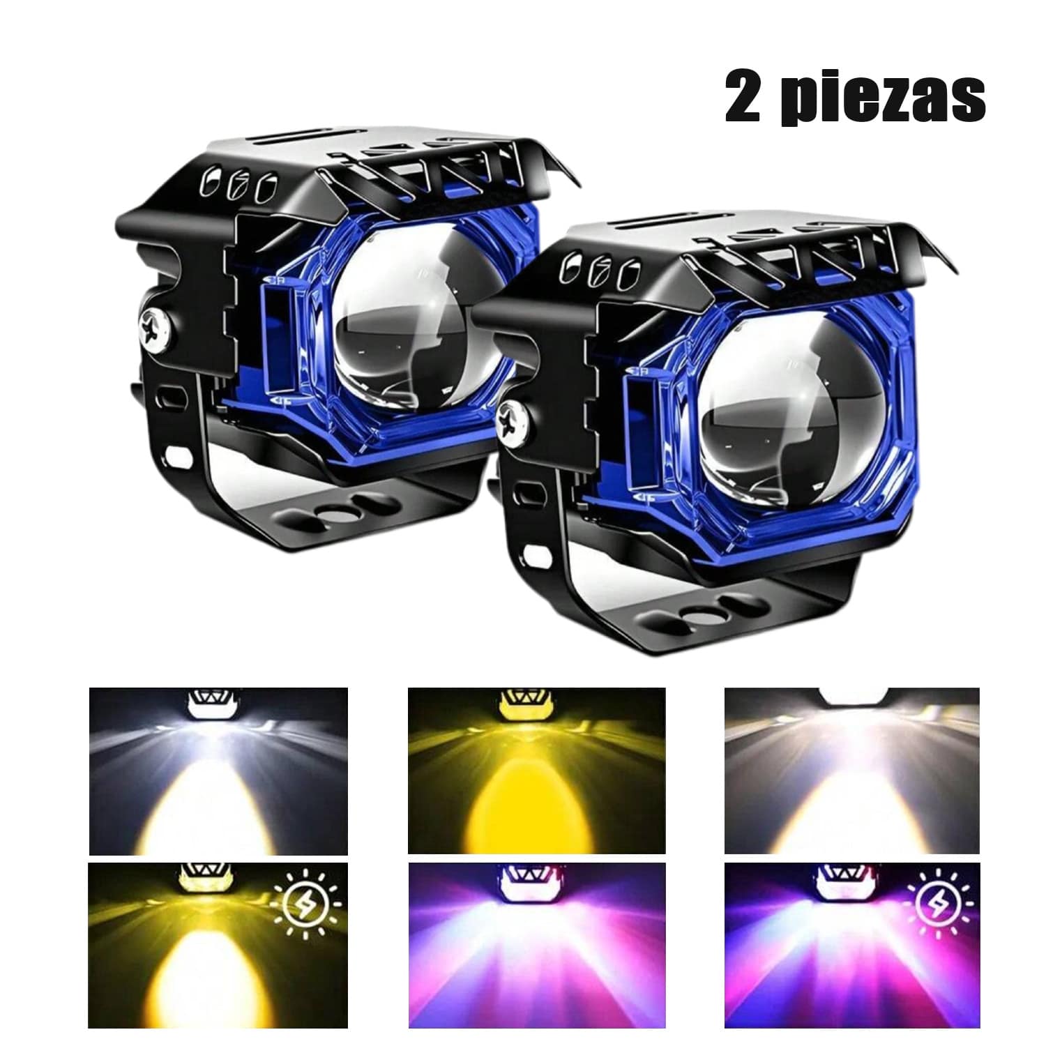  2 Piezas Luces Auxiliares LED para Faros Delanteros Lente de Aumento Luz Roja Azul Estroboscópica Seis Modos para Motos y Automóviles - A - Ver 1