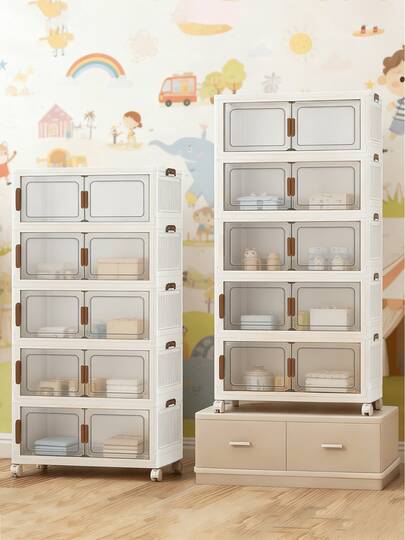 VOOVA 5/4/3/2 Tier Foldable Storage Cabinet, Made Of Plastic, Storage Cabinet, Organizer Box, Suitable For Home, Office, Dormitory, Kitchen, Cabin - Space-Saving, With Wheels, Multifunctional.