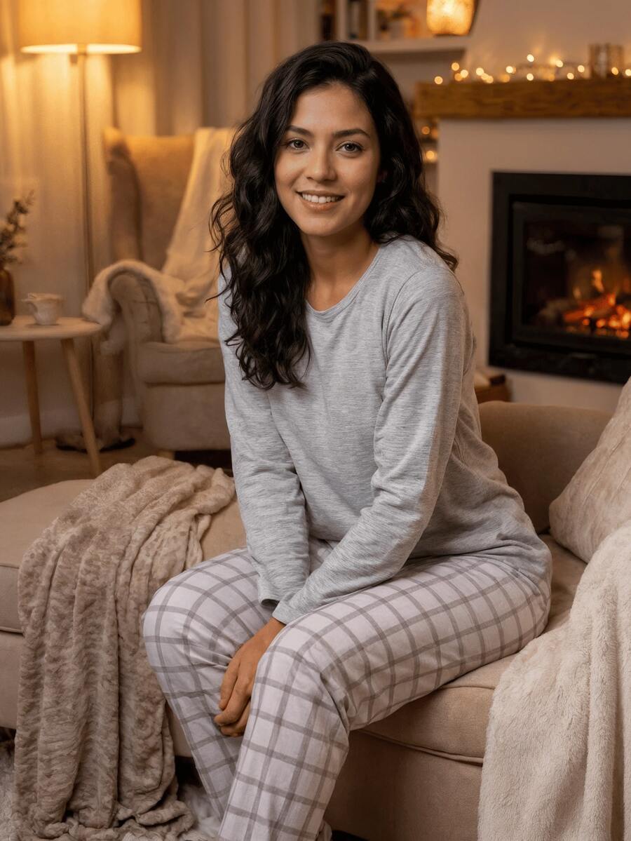 Women's Plaid Pajama Set With Long-Sleeved Top And Long Pants. - Xám - Xem 1