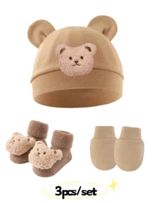3pcs Baby Bear Ear Hat, Scratch Mittens & Booties Set, Infant Beanie Cap Suitable For 0-6 Months Babies - 3pcs/set - View 7