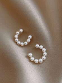 1 par de pendientes de clip con perlas falsas, con forma de hueso en forma de C, minimalistas y de moda, adecuados para mujeres, accesorio de moda, regalo de cumpleaños, uso diario (cantidad de perlas al azar) - Dorado - Ver 4