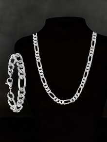 1pc Stainless Steel Minimalist Necklace & 1pc Bracelet Set For Men - Silver - View 10