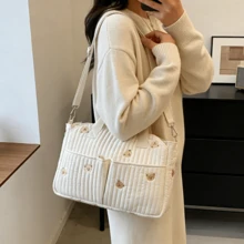 Beige Quilted Diaper Bag For Moms – Washable Baby Organizer Handbag, Crossbody & Shoulder Bag For Stroller, Travel & Daily Outings - 小熊 - 查看 4