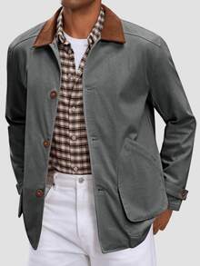 Runcati Chaqueta militar de algodón vintage para hombre, ligera, con botones, bolsillos y casual para exteriores, ideal para primavera - Gris Oscuro - Ver 2