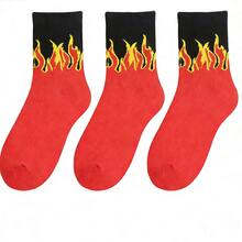 3 Pairs Men's Yellow Flame & Red Mid-Calf Socks, & Stylish For Street Wear - Multicolor - View 1