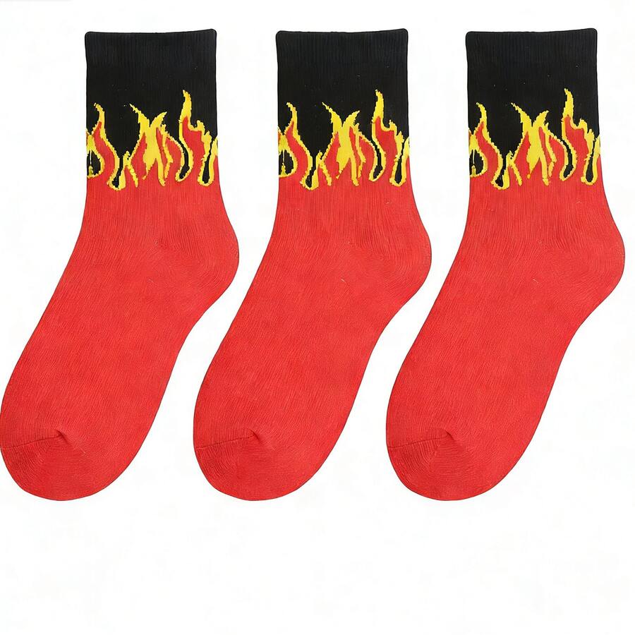 3 Pairs Men's Yellow Flame & Red Mid-Calf Socks, & Stylish For Street Wear - Multicolor - View 1