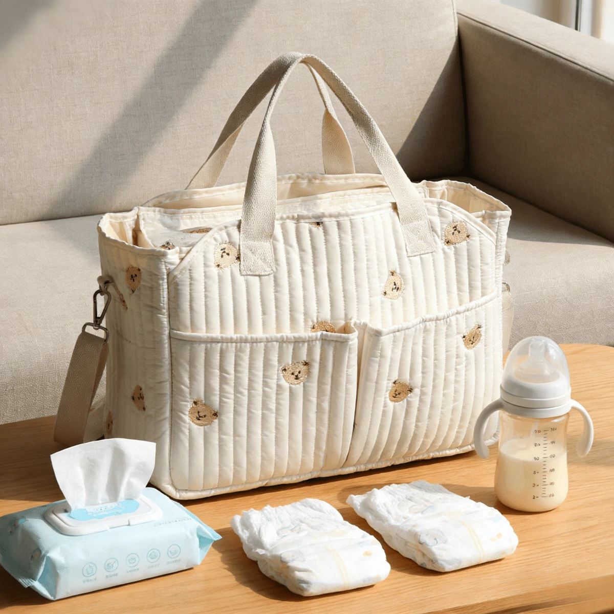 Beige Quilted Diaper Bag For Moms – Washable Baby Organizer Handbag, Crossbody & Shoulder Bag For Stroller, Travel & Daily Outings - 小熊 - 查看 1